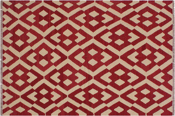 Flat Weave Kilim, Antique, Navaho, Vintage, Handmade, Modern Kilim Red Beige Hand-Woven Rectangle 100% Wool Area Rug 4 x 6